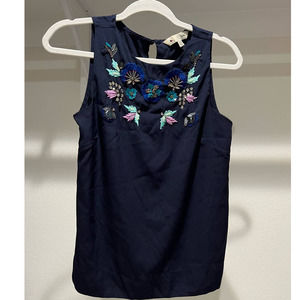 Yumi Sleeveless Floral‎ Embroidered Navy tank top dress shirt size XS